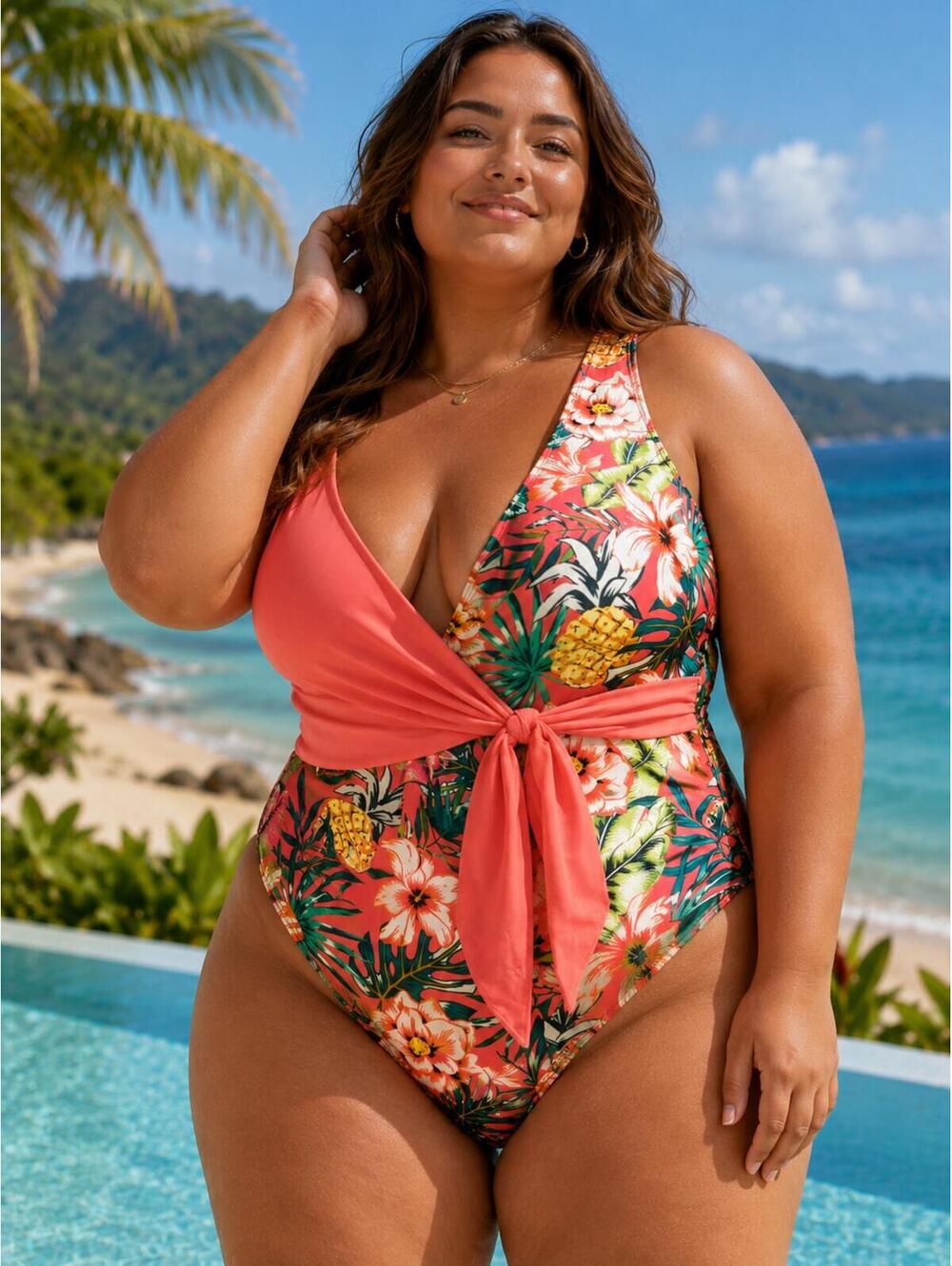 Tropical Floral One Piece Swimsuit XL Coral Wrap Overlay Resort Swimwear